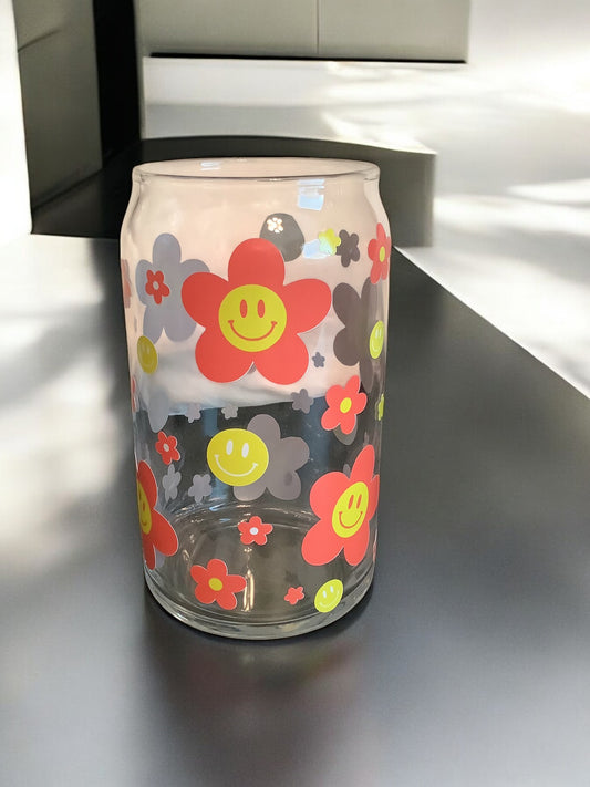 Smiley Flower Glass Can Cup