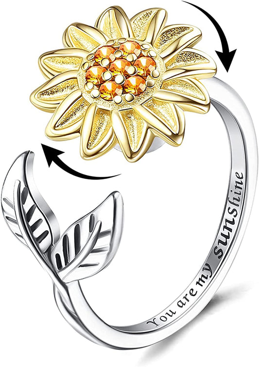 Sterling Silver Fidget Ring for Women Girls Fidget Rings for Anxiety Butterfly Daisy Sunflower Anxiety Ring You Are My Sunshine Ring, Adjustable Rings Sunflower Gifts Fidget Rings