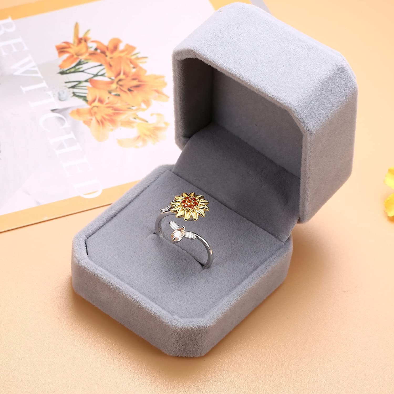 Sterling Silver Fidget Ring for Women Girls Fidget Rings for Anxiety Butterfly Daisy Sunflower Anxiety Ring You Are My Sunshine Ring, Adjustable Rings Sunflower Gifts Fidget Rings