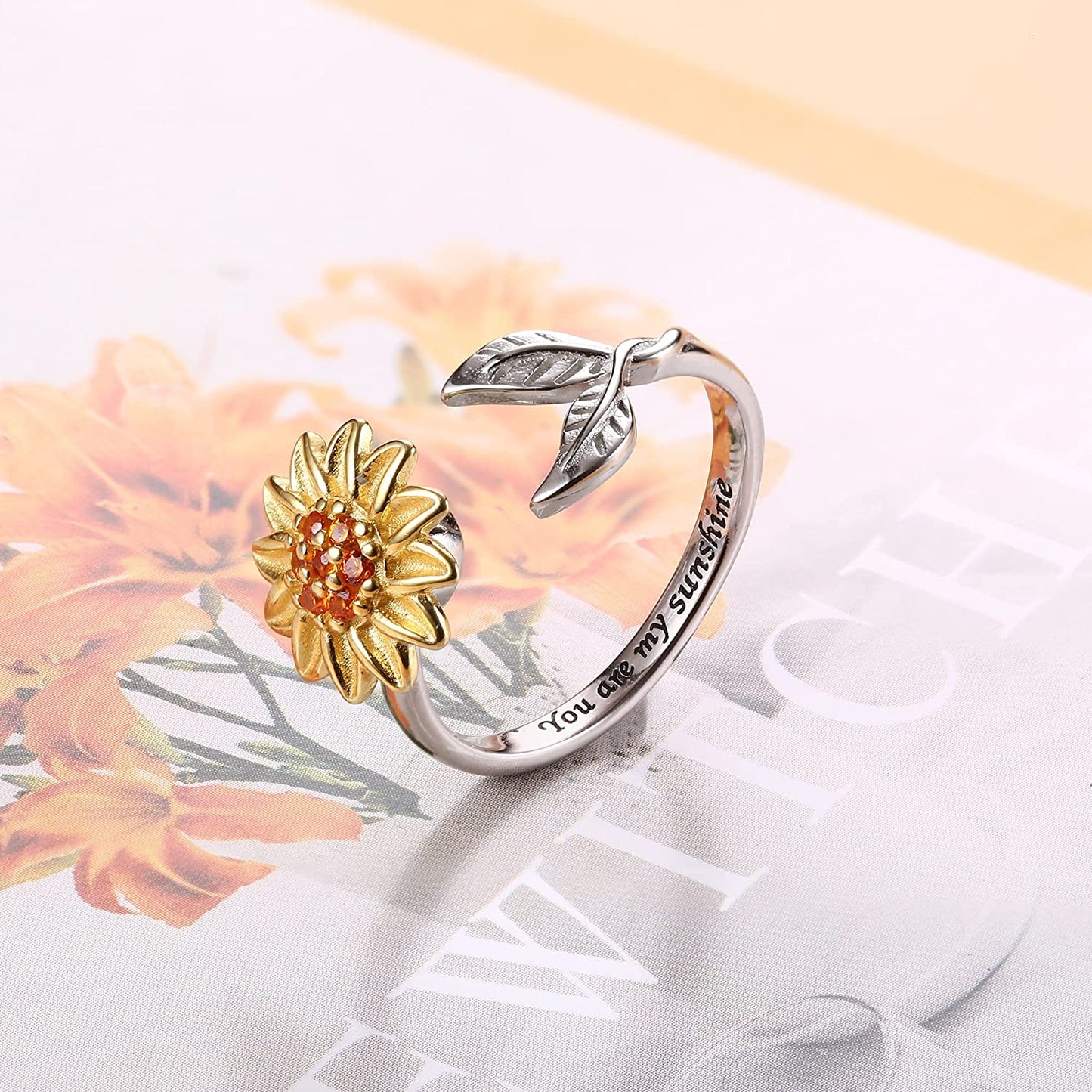 Sterling Silver Fidget Ring for Women Girls Fidget Rings for Anxiety Butterfly Daisy Sunflower Anxiety Ring You Are My Sunshine Ring, Adjustable Rings Sunflower Gifts Fidget Rings