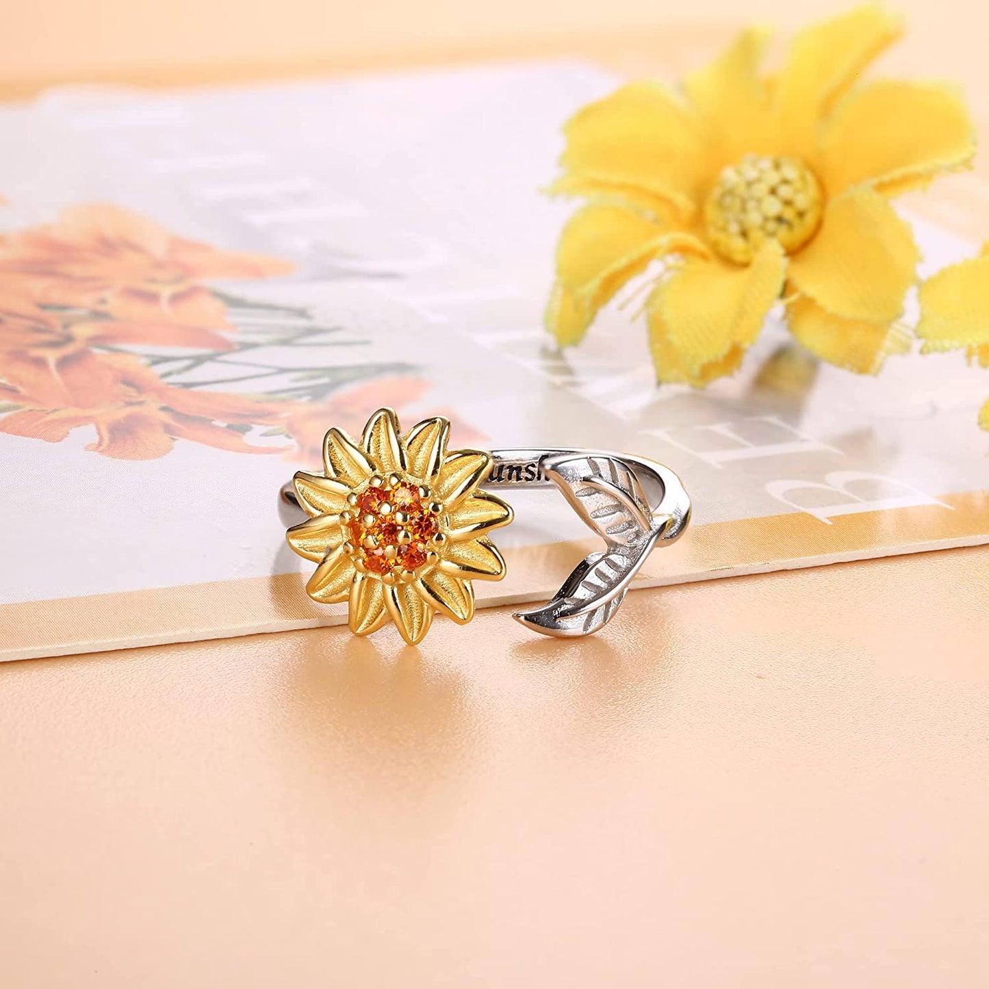 Sterling Silver Fidget Ring for Women Girls Fidget Rings for Anxiety Butterfly Daisy Sunflower Anxiety Ring You Are My Sunshine Ring, Adjustable Rings Sunflower Gifts Fidget Rings